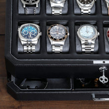 Load image into Gallery viewer, Modern 12-Slot Watch and Jewelry Organizer with Microsuede Liner, Black/Grey