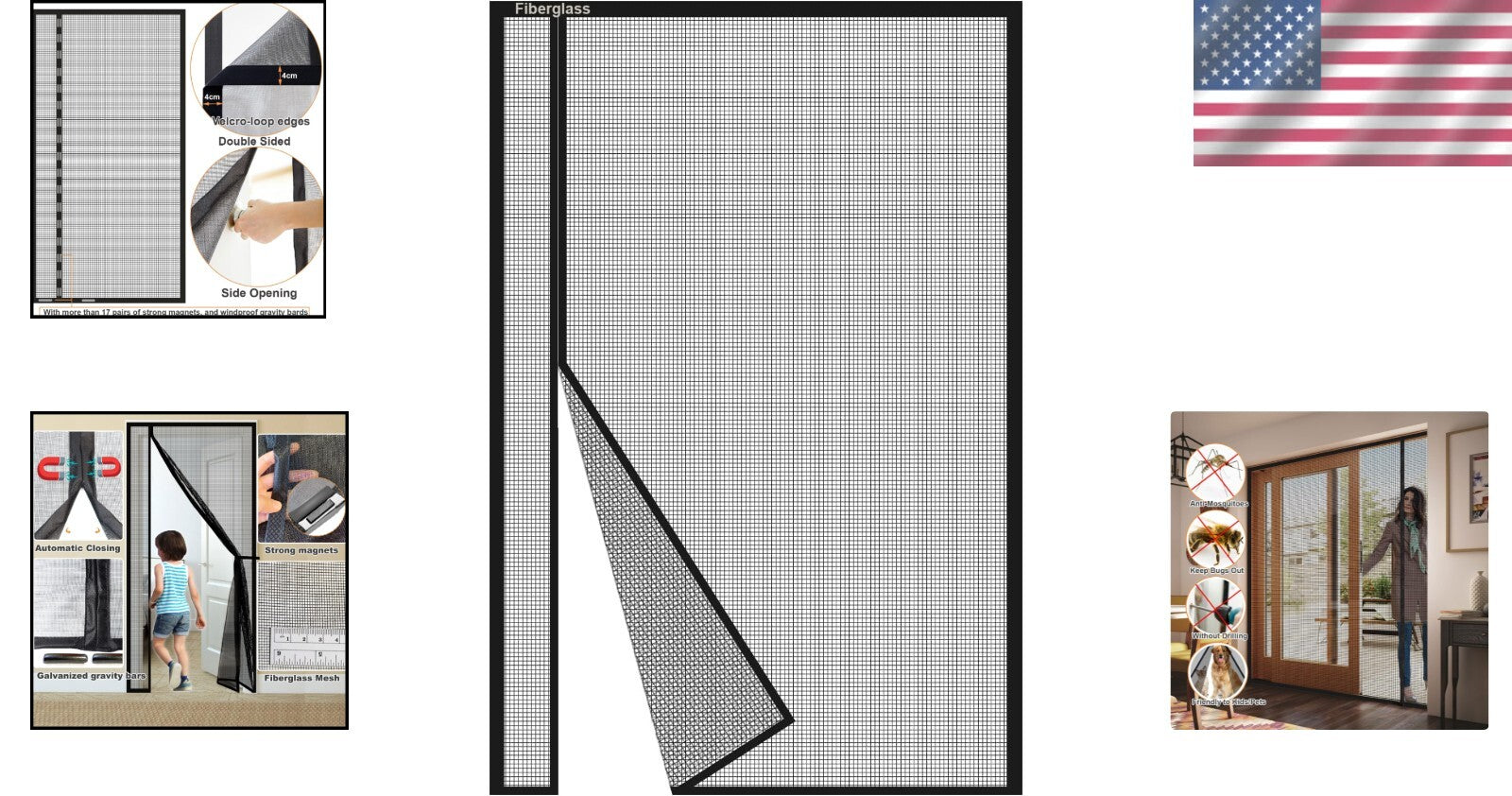 Reversible 39x80 Inch Fiberglass Magnetic Screen Door - Keep Bugs Out, Black