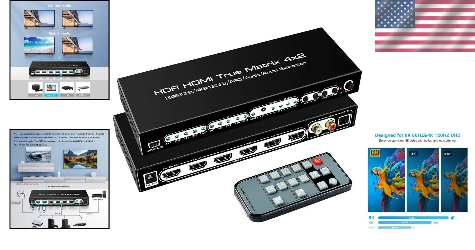 4K 120Hz HDMI Matrix Switcher with Optical Audio Output and IR Remote Control