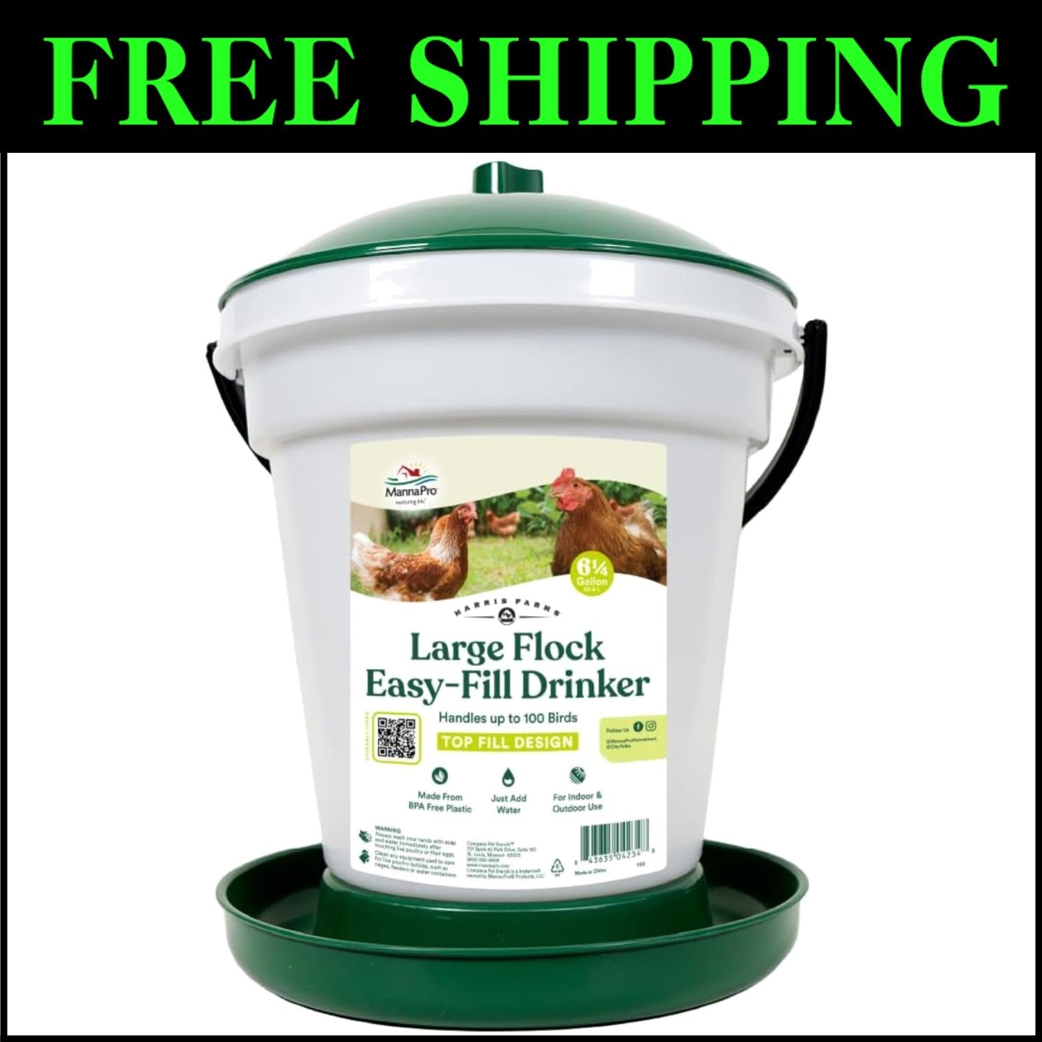 Easy-Fill Poultry Drinker - 6.25 Gallon BPA-Free with Convenient Carrying Handle