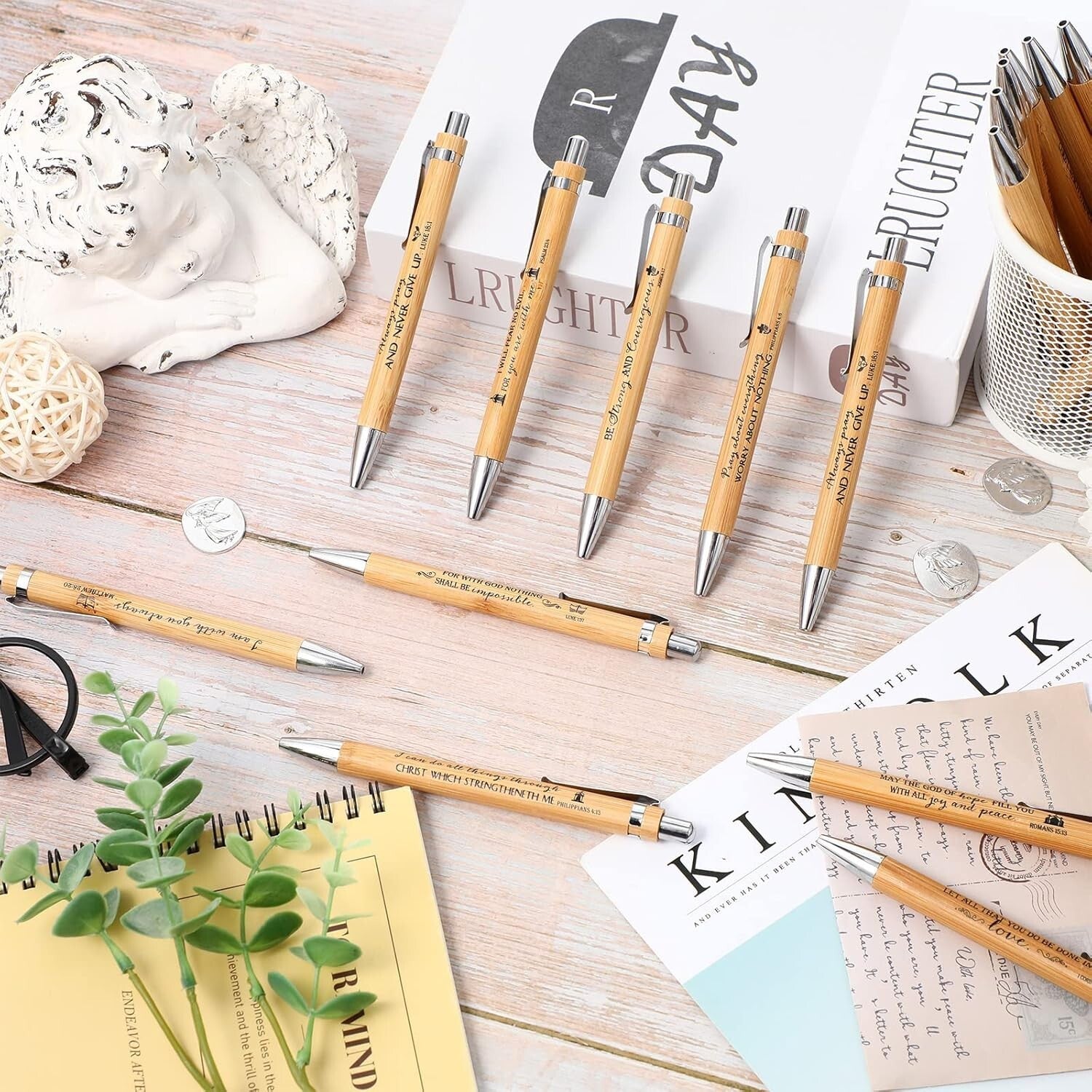 Engraved Bamboo Ballpoint Pens - 200 Inspirational Scripture Quotes for Gifting