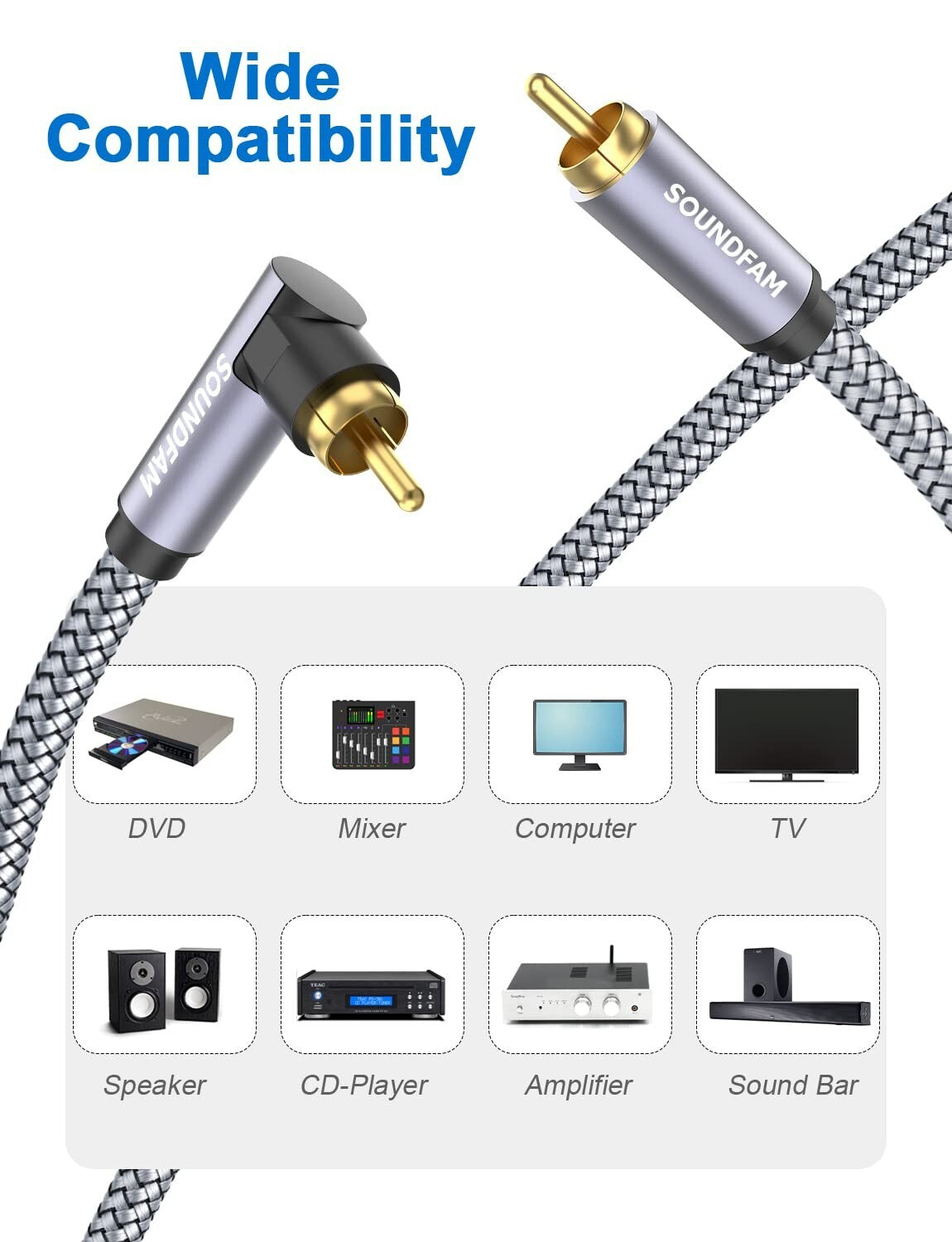 50ft Tangle-Free 90 Degree RCA Cable for Clear Subwoofer Sound & Easy Connection