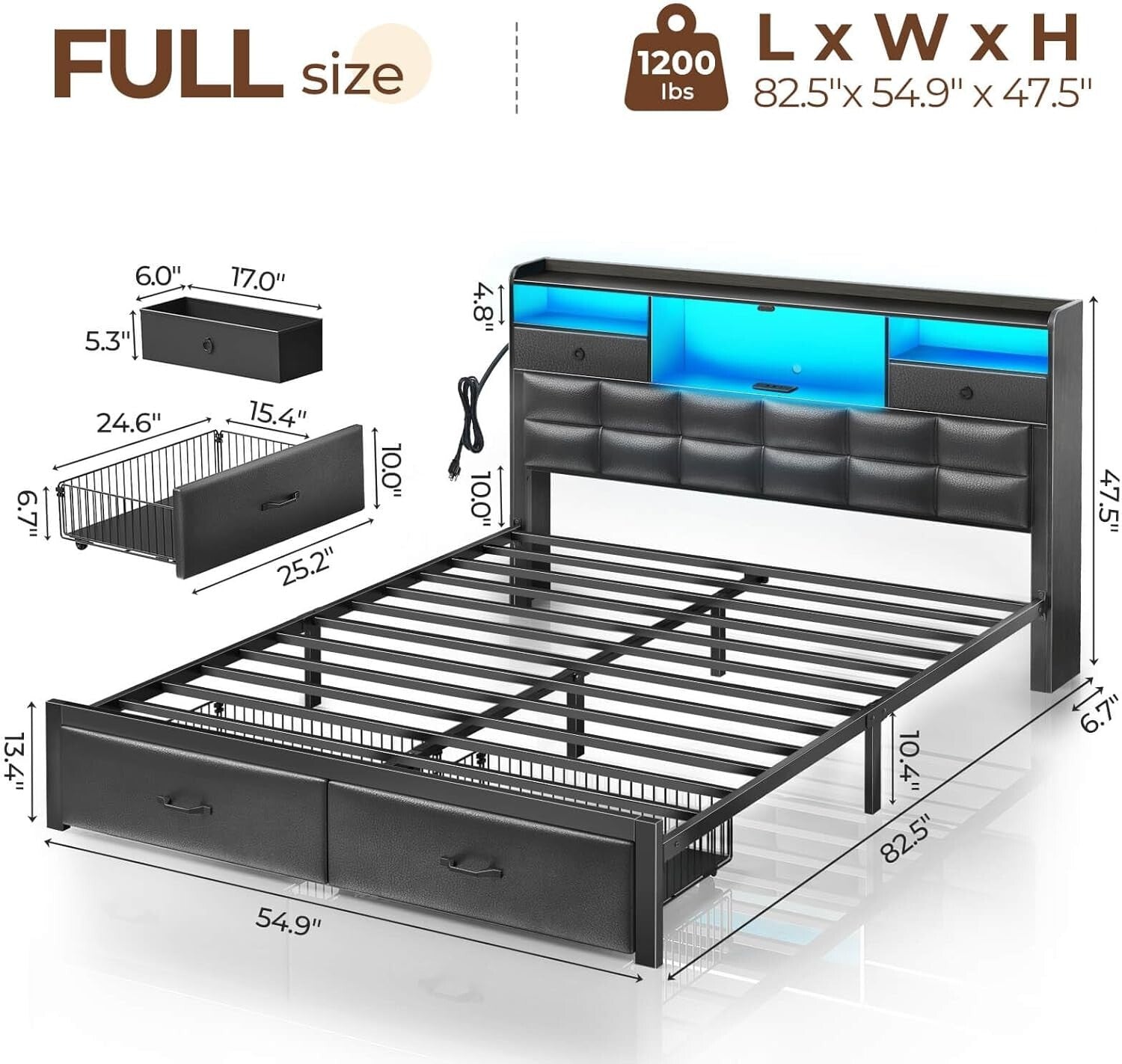 Elegant Full Size Bed Frame with Metal Support, Drawers & USB Charging Station