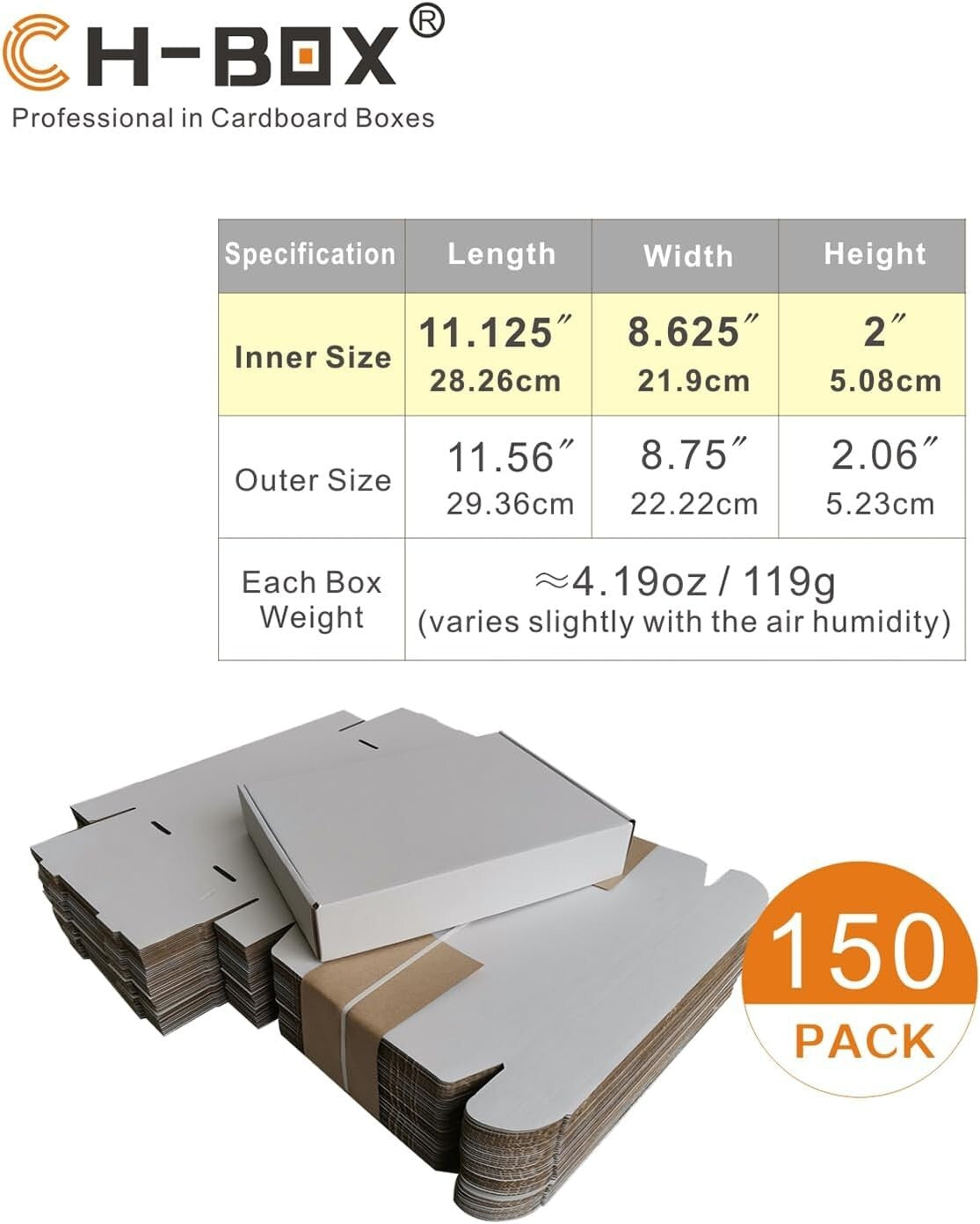 Durable Corrugated Cardboard Mailers - 150 Pack, 11.125x8.625x2'' White
