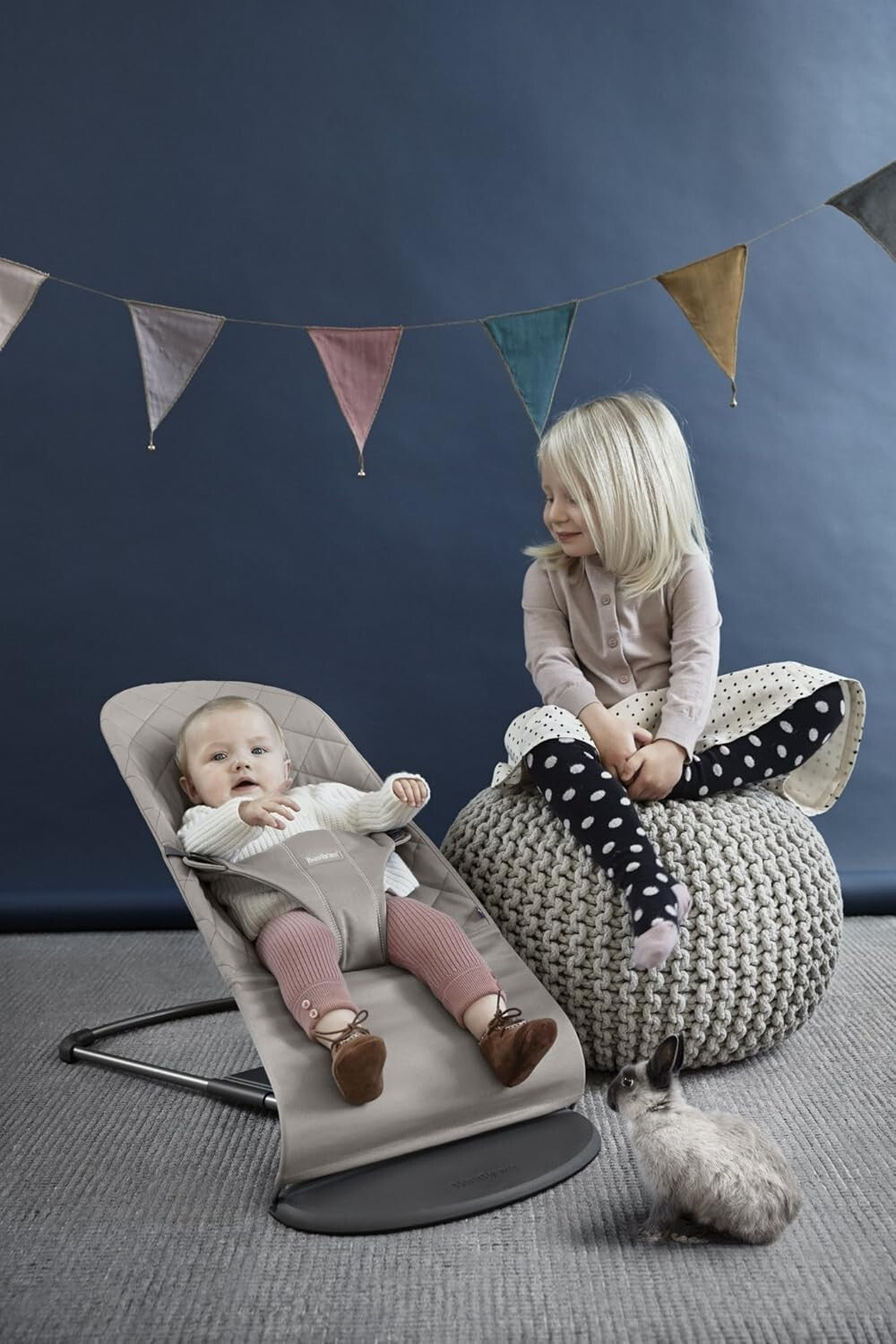Luxury Adjustable Baby Bouncer and Toddler Chair in Sand Gray Cotton - Portable