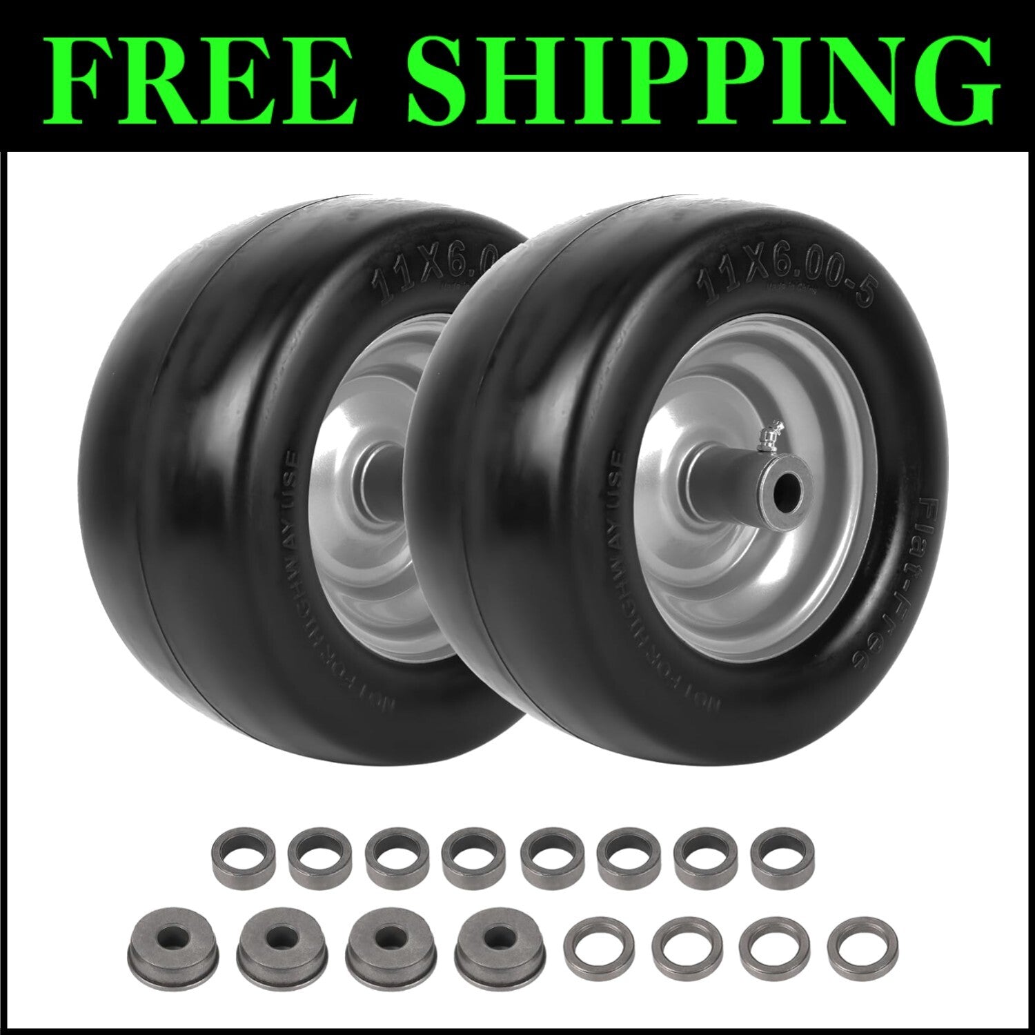 11" Flat-Free Lawn Mower Wheel & Tire Set - Includes Bushings & Spacers