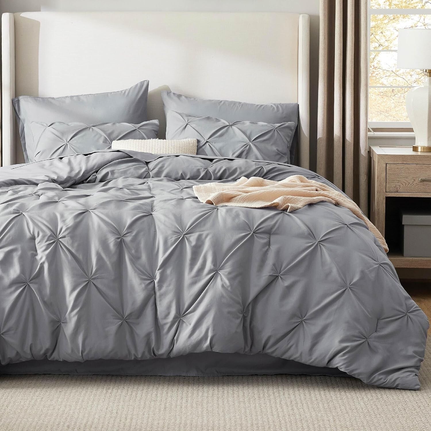 Elegant King Size Comforter Set - 7 Piece Pintuck Grey Bedding Essentials
