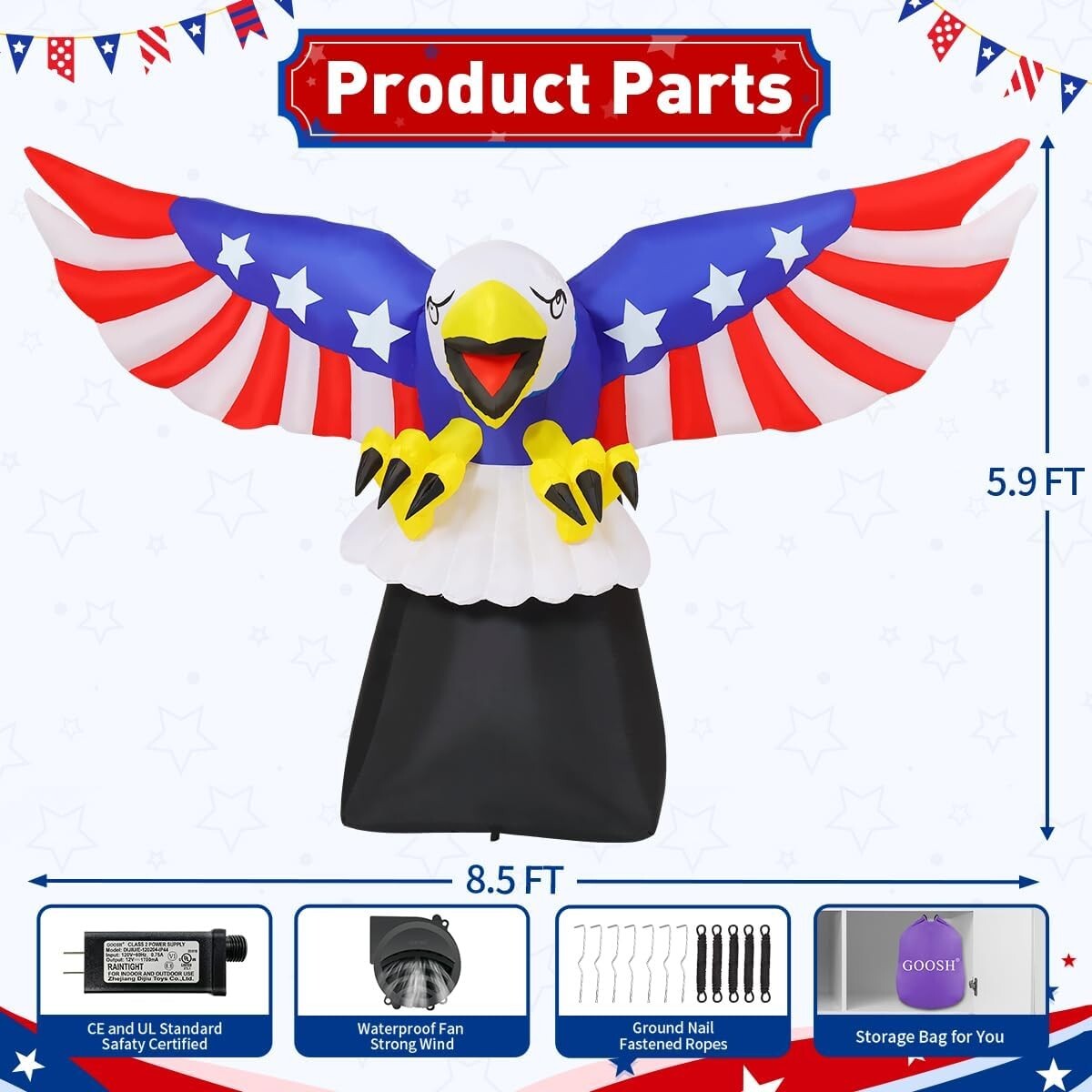 Independence Day 8.5FT Blow Up Bald Eagle with Lights for Outdoor Celebration