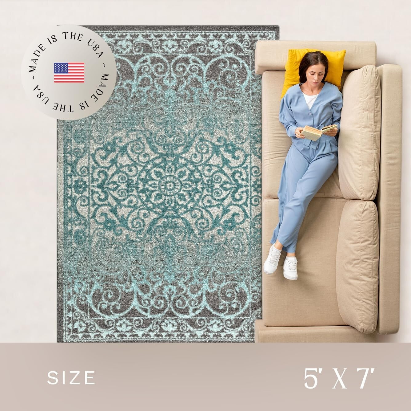 Stain-Resistant Blue/Grey Rug 5'x7' - Non-Slip & Stylish for Indoor Spaces