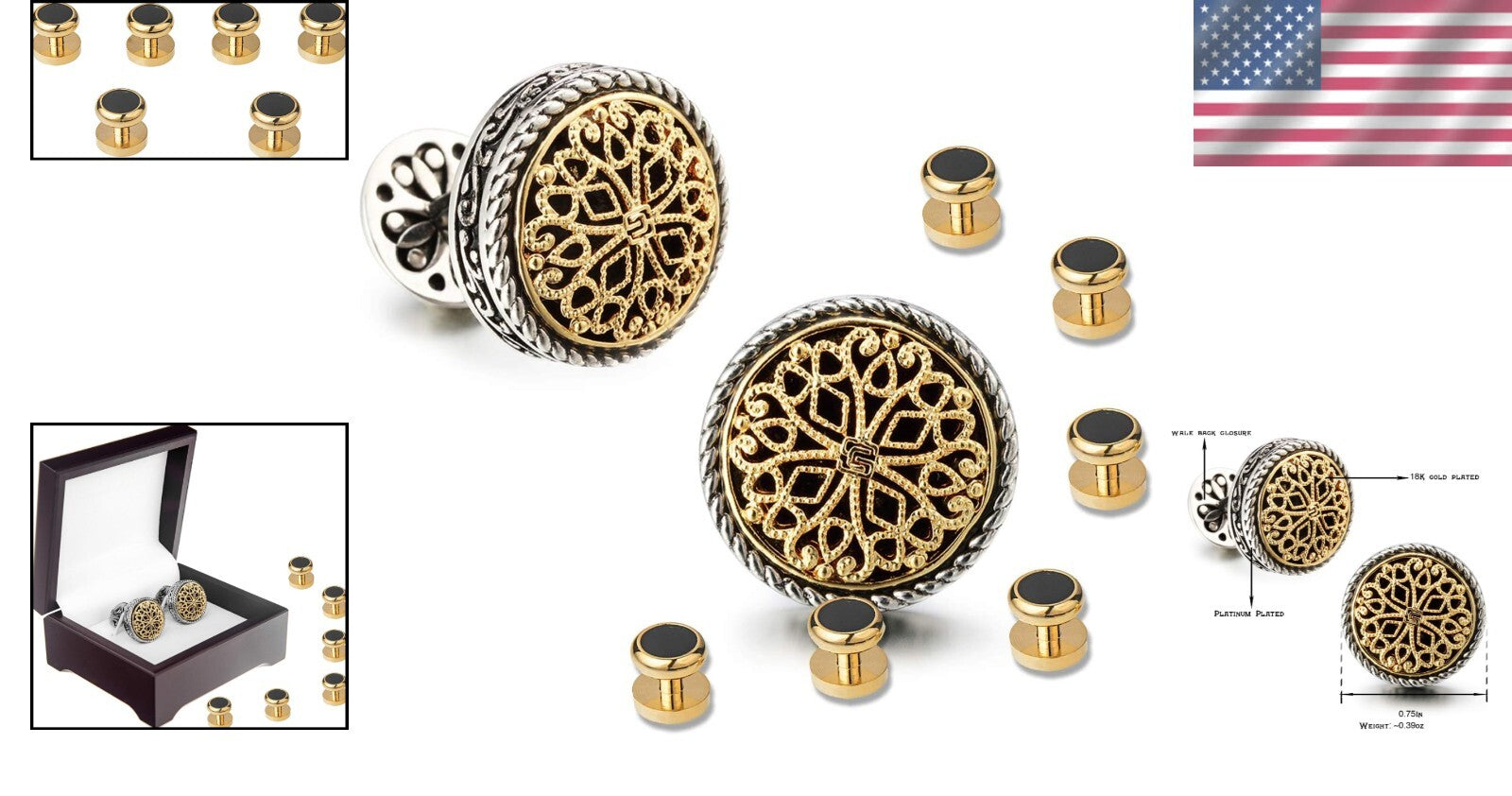 Gold-Plated Men's Cufflinks with 6 Shirt Studs - Ideal for Grooms & Fathers