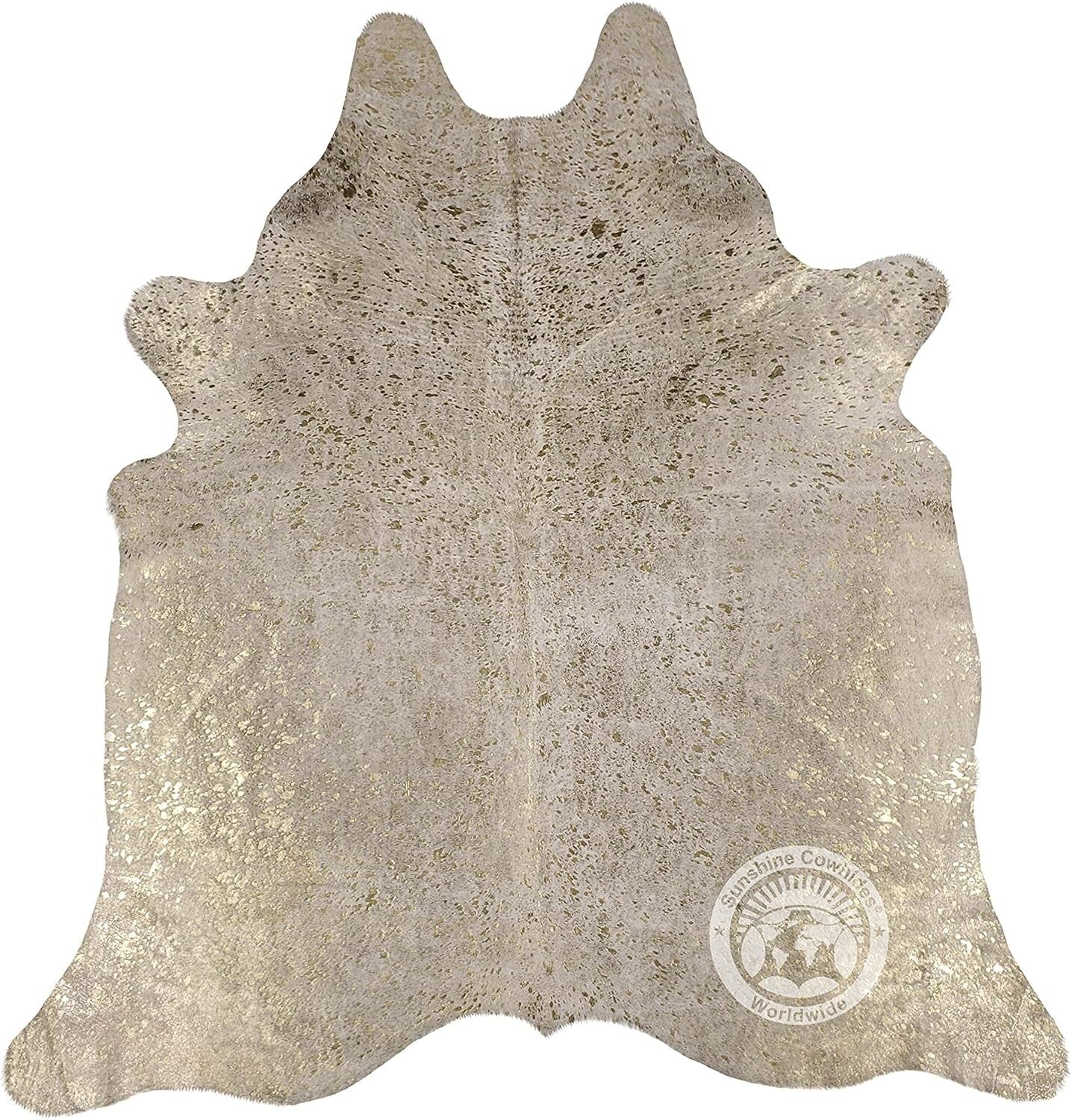 Large Metallic Gold On Off White Cowhide Area Rug - Unique 6x8 Ft. Animal Shape