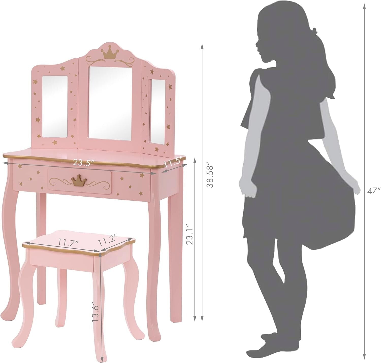Elegant Kids Vanity Set with Pink Mirror and Stool - Perfect for Little Girls