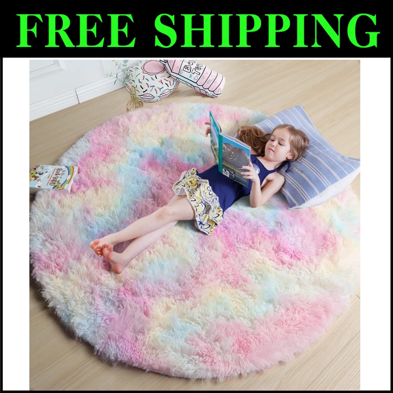 Soft 5Ft Pastel Round Rug - Cozy Fluffy Carpet for Toddler Unicorn Rooms