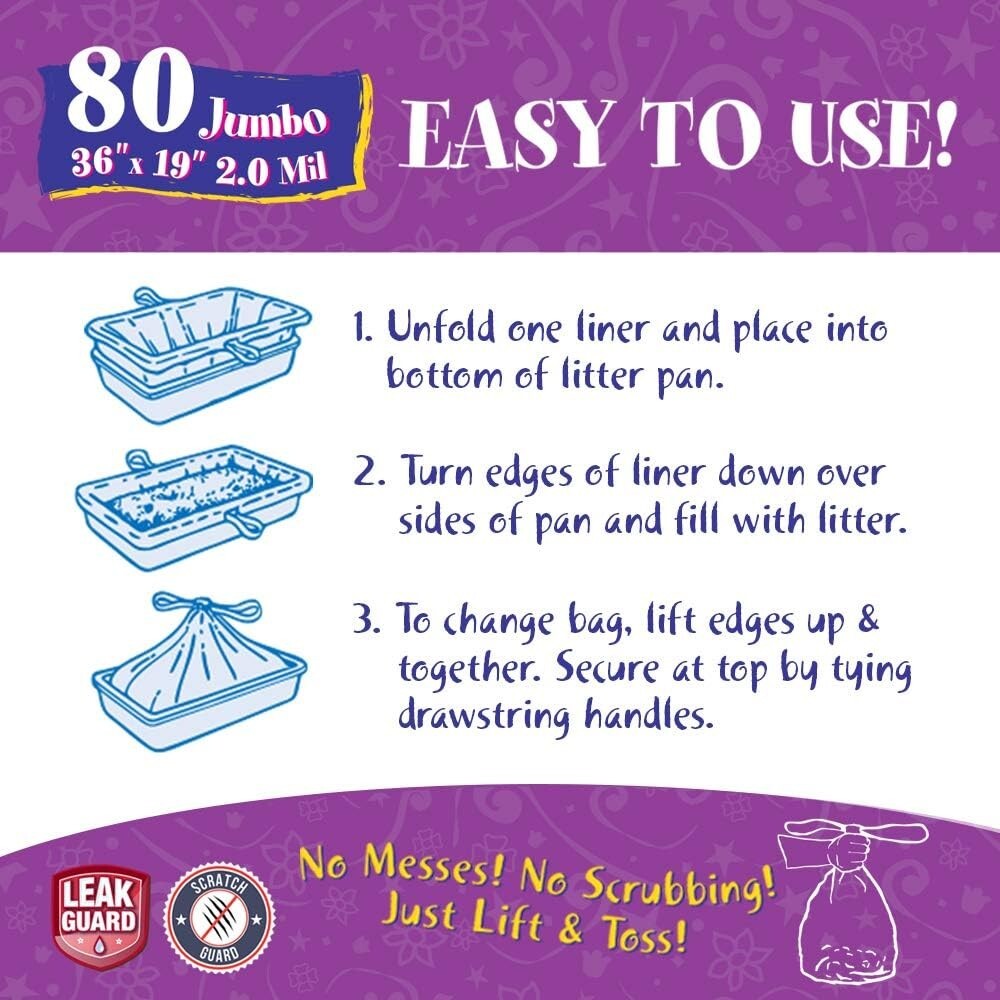 80 Count Super Thick Drawstring Cat Litter Box Liners, Fresh Scented & Durable