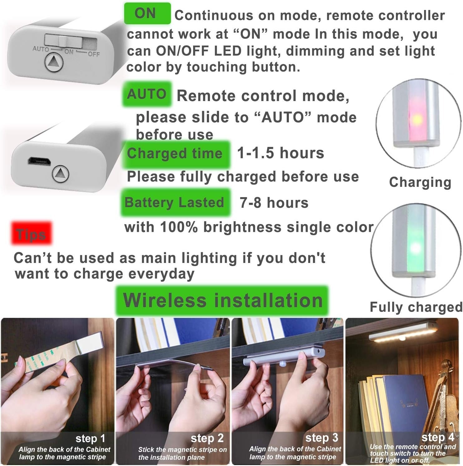 Compact 6-Pack Under Cabinet LED Lights - Remote-Controlled & USB Rechargeable