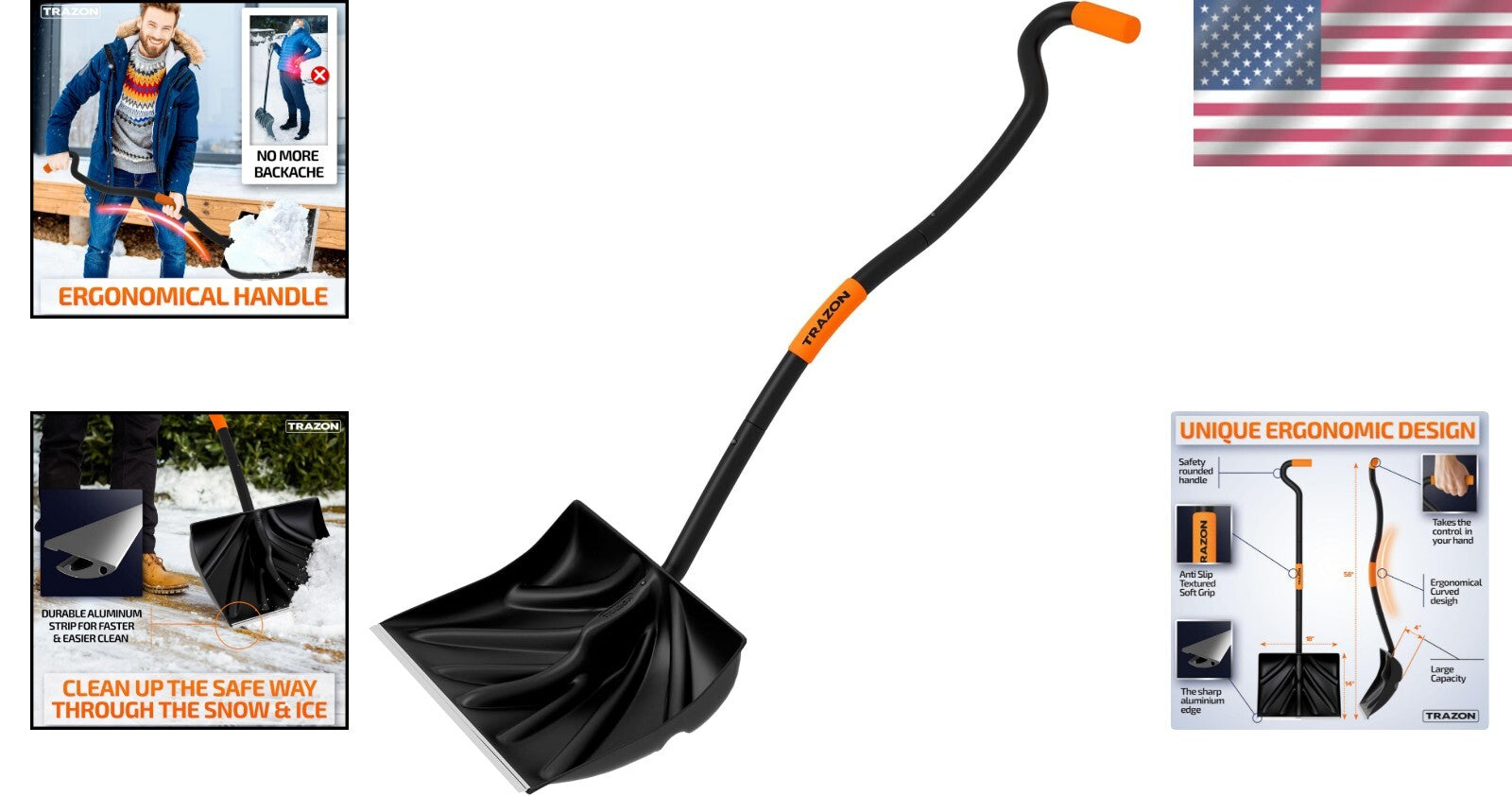 Durable Ergonomic Snow Shovel - 18 Inch Blade, 60 Inch Handle, Foldable Design