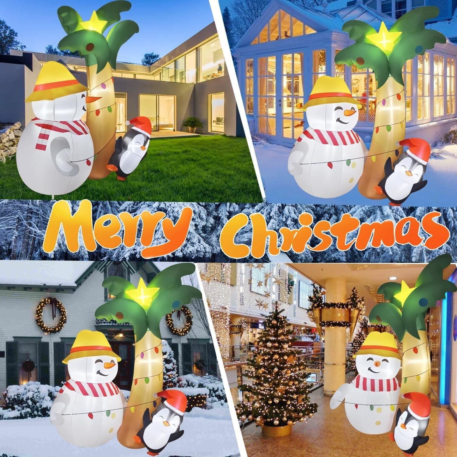 7FT Inflatable Hawaiian Palm Tree with Snowman & Penguin - Christmas Décor