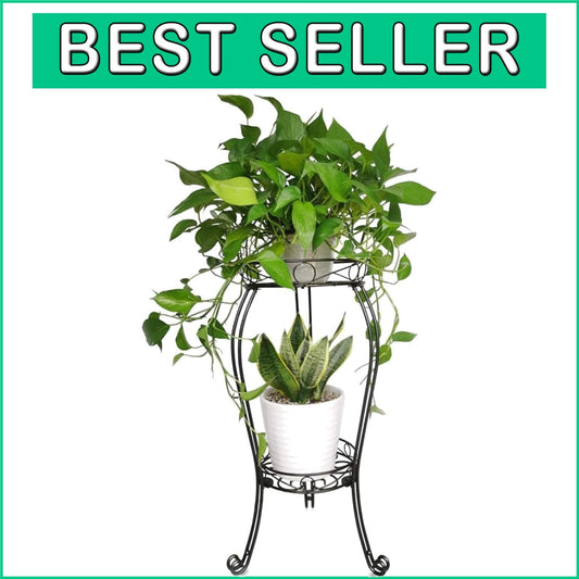 Black Powder-Coated 2-Tier Plant Stand - Heavy Duty for Indoors & Outdoors
