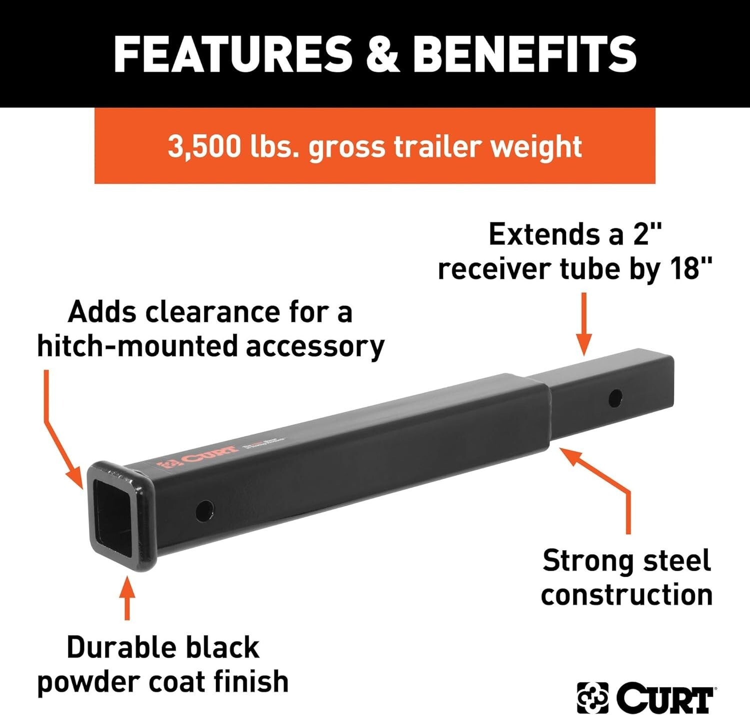 Durable 18-Inch Trailer Hitch Extension, Gloss Black Finish, 3,500 lbs Capacity