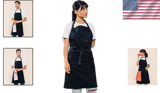 Versatile Black Kitchen Bib Apron - Adjustable with Pockets & Stain Protection