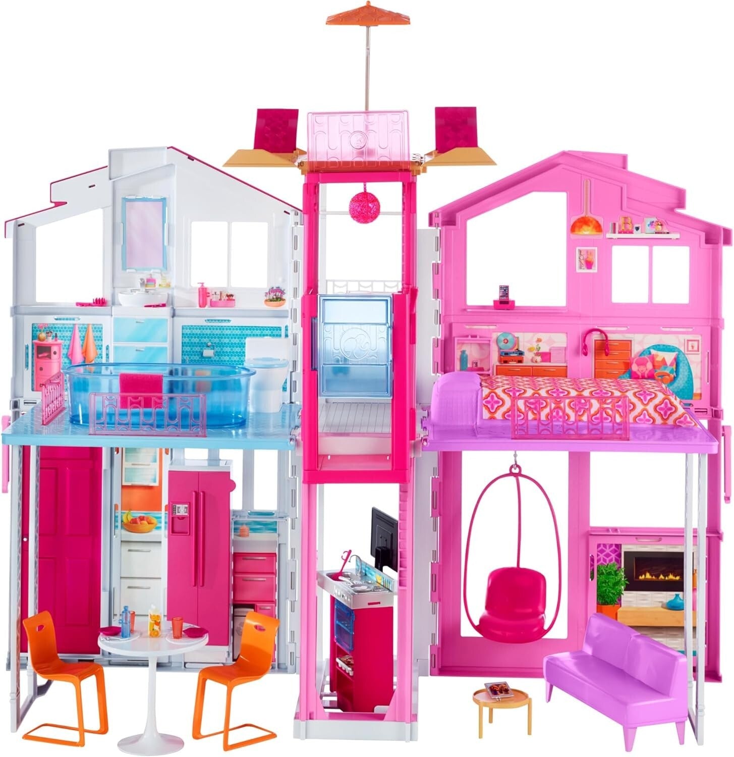 Interactive 3-Story Doll House Playset with Elevator & Swinging Lounge Chair