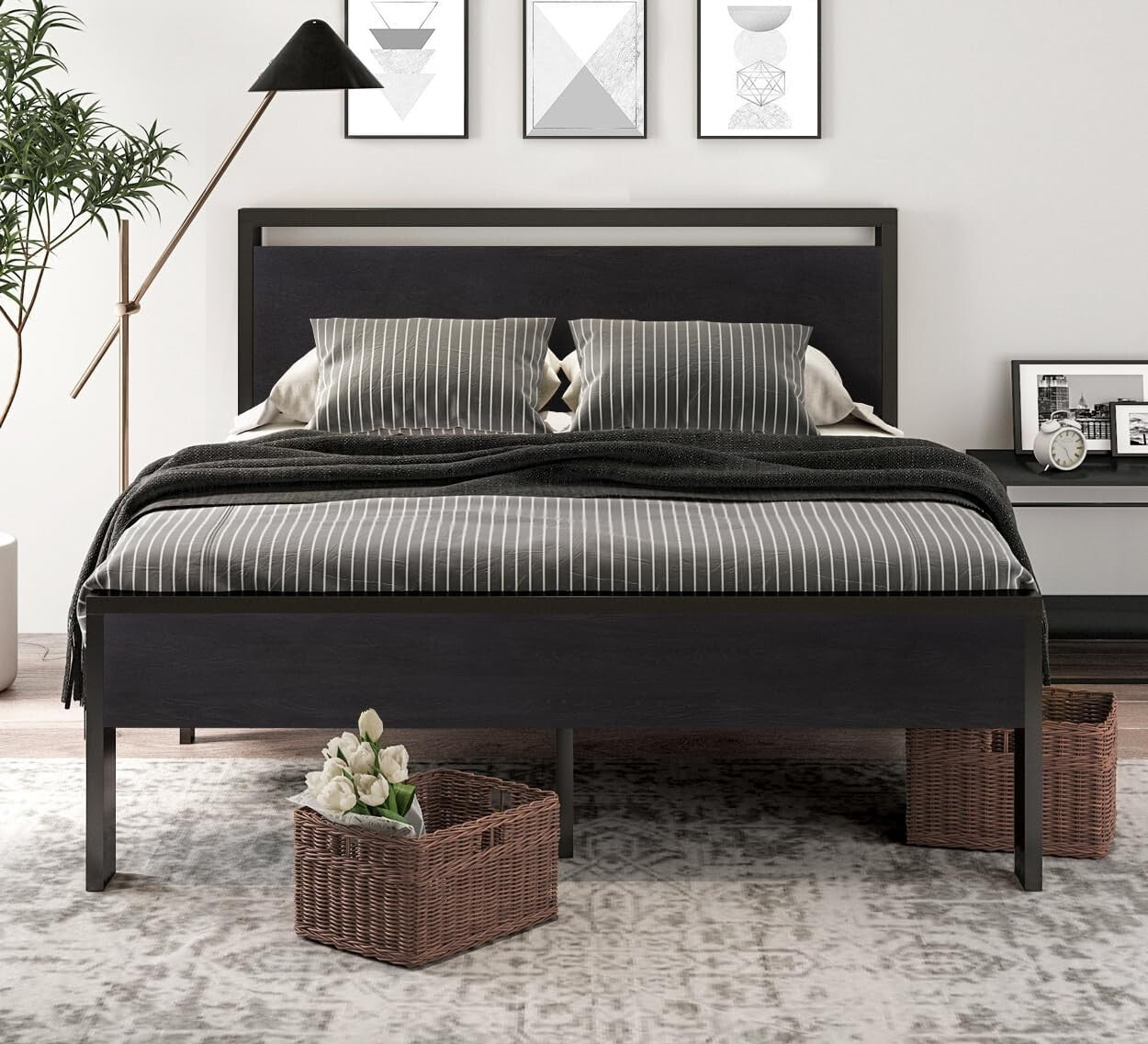 Sturdy 14-Inch Full Metal Platform Bed Frame with Rustic Black Oak Headboard