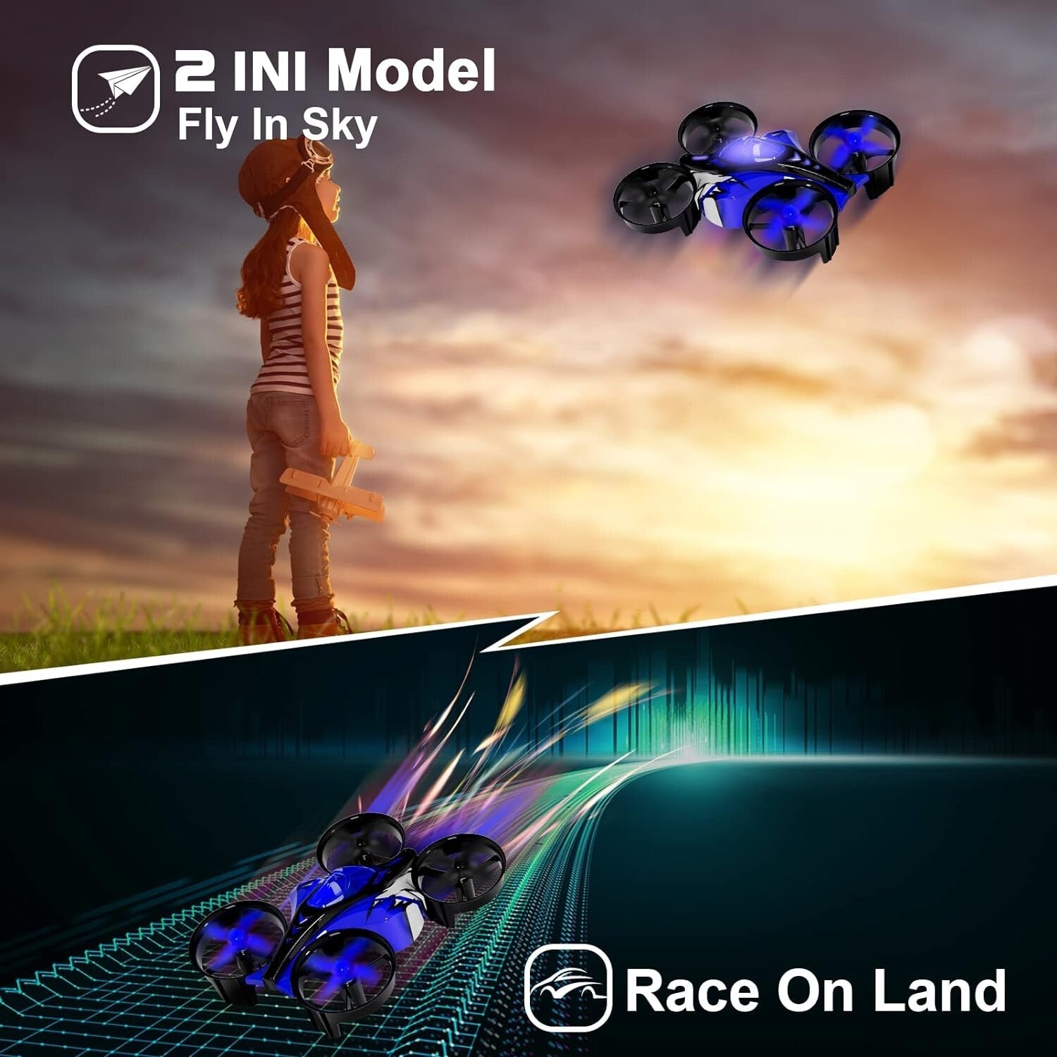 Exciting 2-in-1 Mini Drone & Racing Car for Kids - Remote Control Fun in Blue!