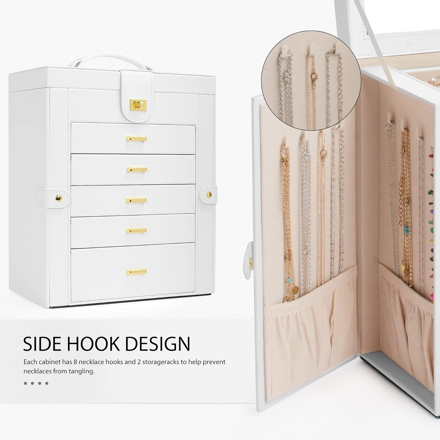 Portable 6-Layer Leather Jewelry Organizer with 5 Drawers and Mirror for Women