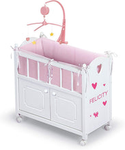 Load image into Gallery viewer, Heirloom Wooden Doll Bed with Storage &amp; Musical Mobile, Personalized Kit - 22in