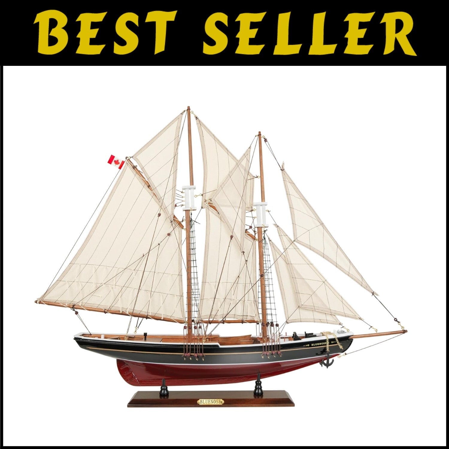 Authentic Bluenose Model Ship - Nautical Decor Piece with Hand-Stitched Sails