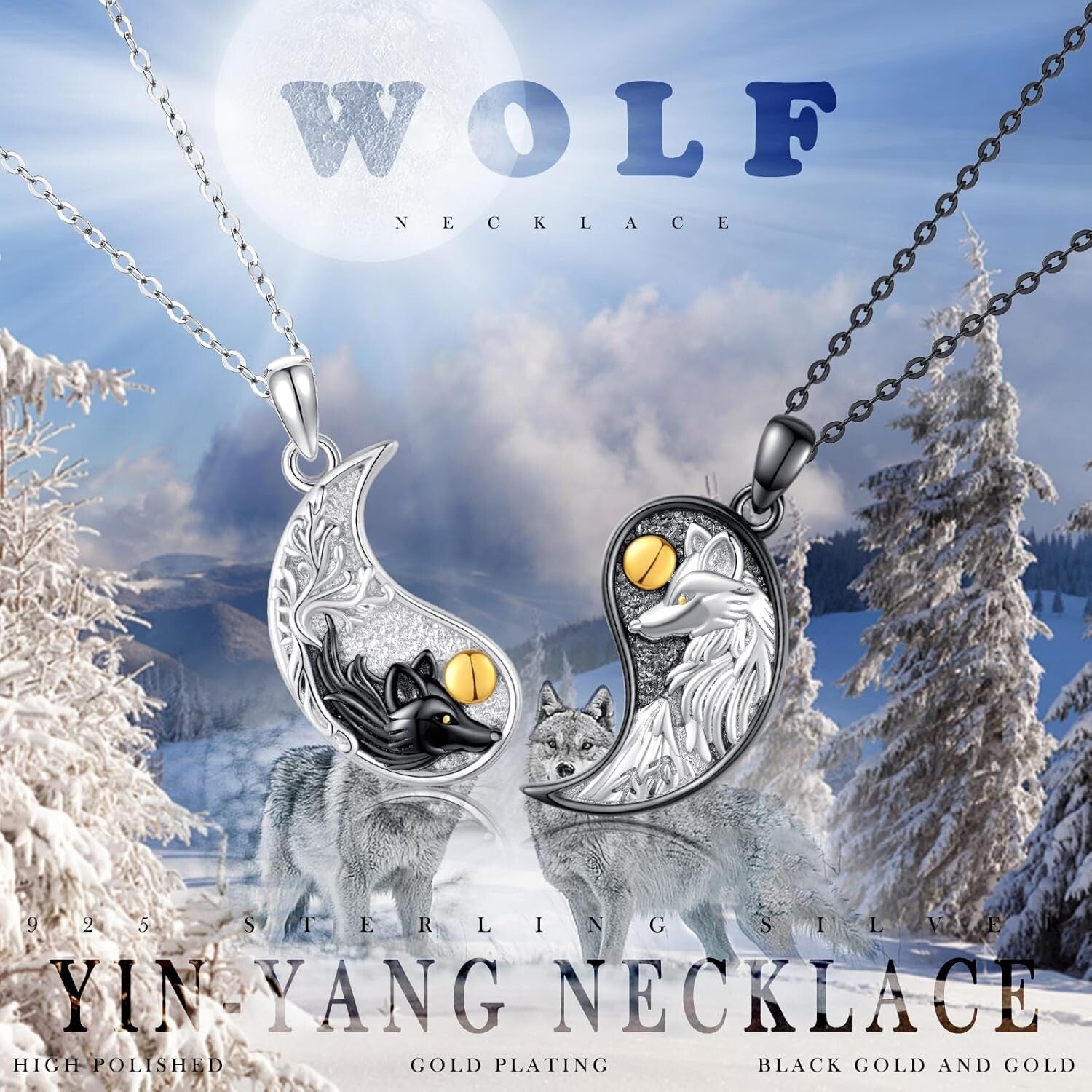Yin Yang Wolf Pendant Necklace Set for Friends & Couples - Adjustable Chain