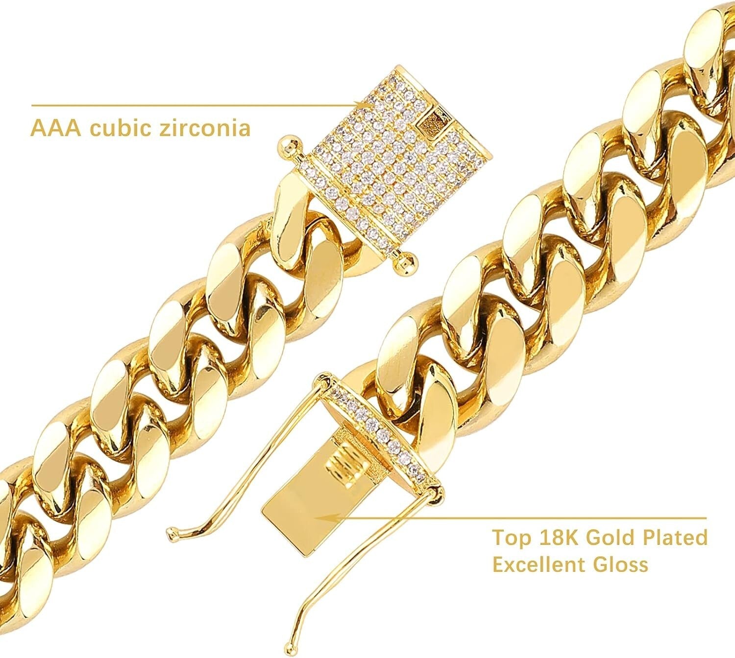 Durable 18K Gold Plated Stainless Steel Cuban Link Set - 24 Inch Men's Jewelry