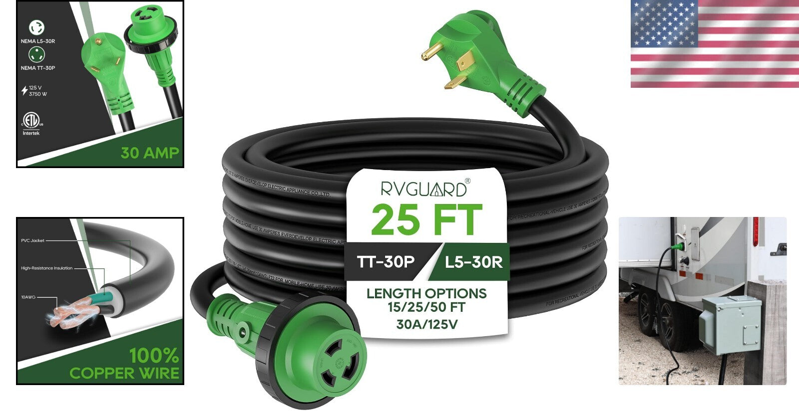 30 Amp 25ft Heavy Duty RV Power Extension Cord with LED Indicator & Organizer