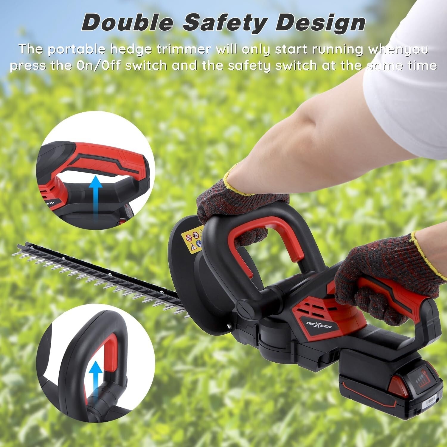 Efficient Battery-Powered Hedge Trimmer with Safety Lock & 3/5 Cutting Capacity