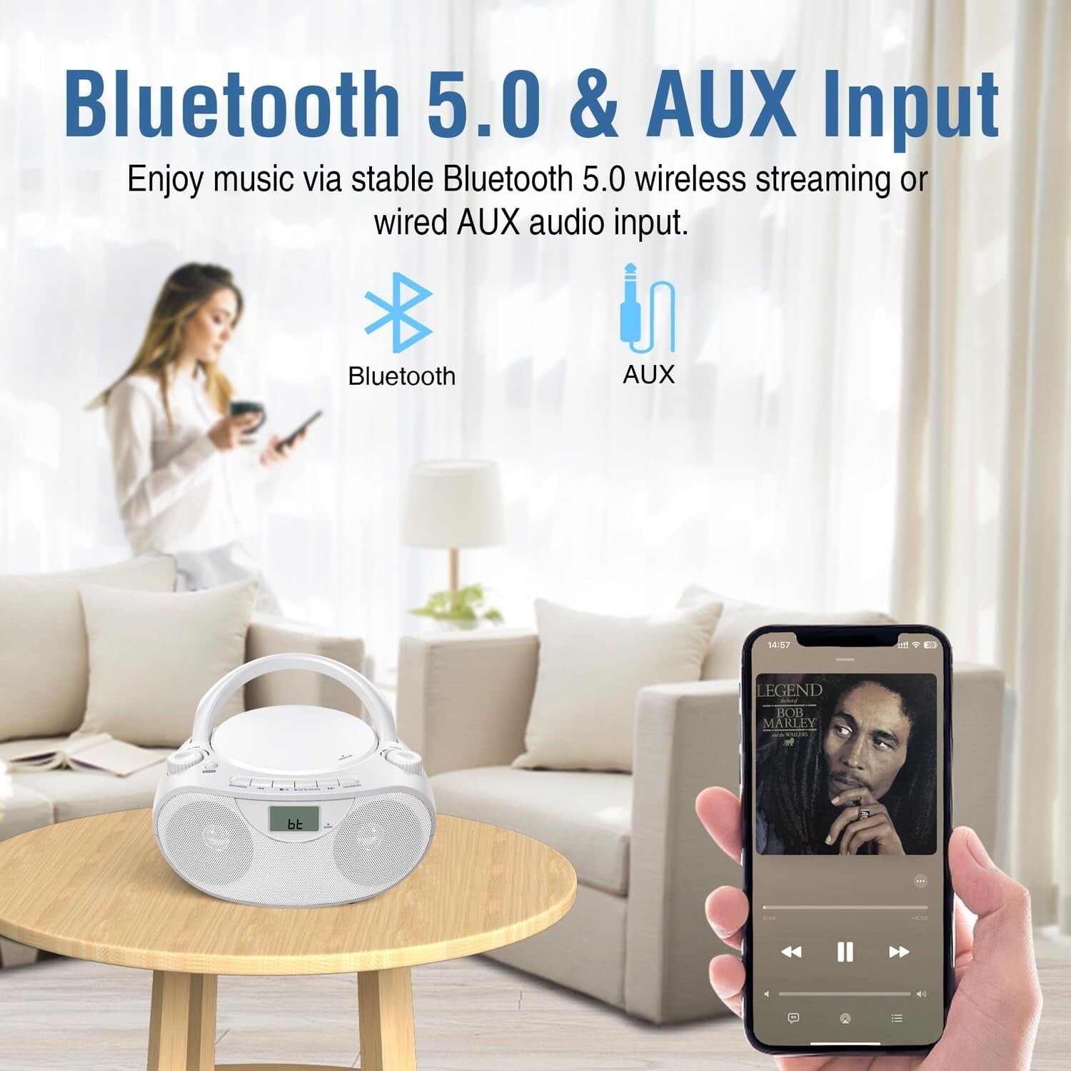 All-in-One Portable CD Player Boombox with Bluetooth, AM/FM & USB Connectivity