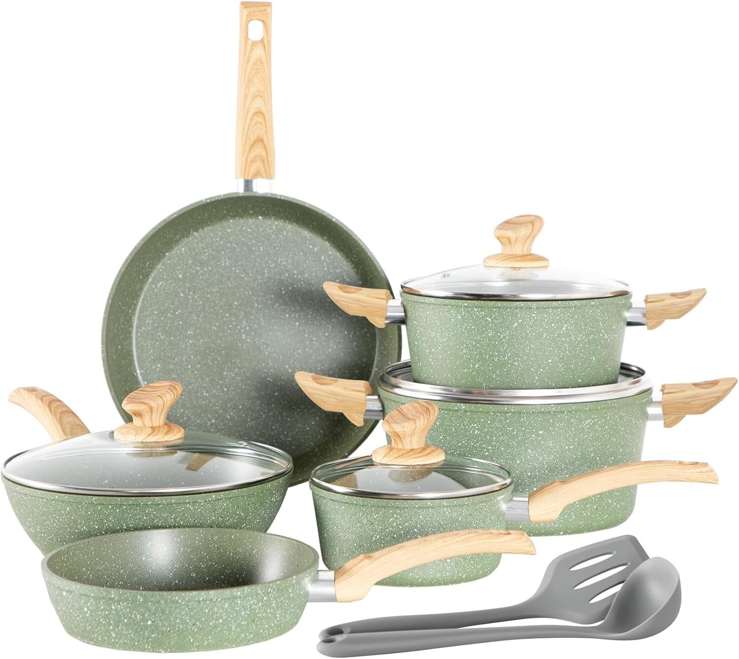 Complete 12-Piece Green Cooking Set - Granite Nonstick Pots & Pans Included