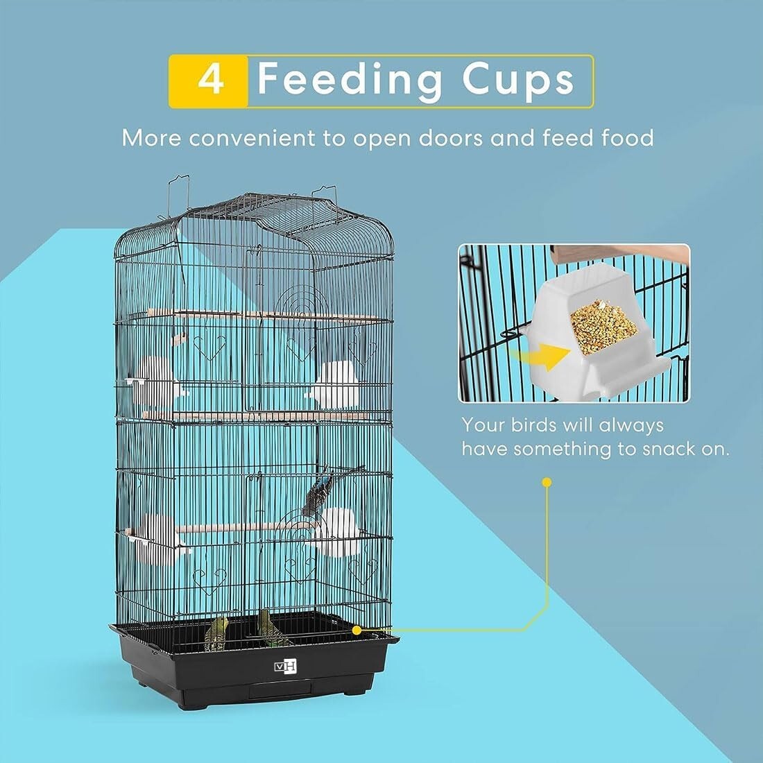 64-Inch Black Bird Cage with Play Top & Rolling Stand for Parrots and More
