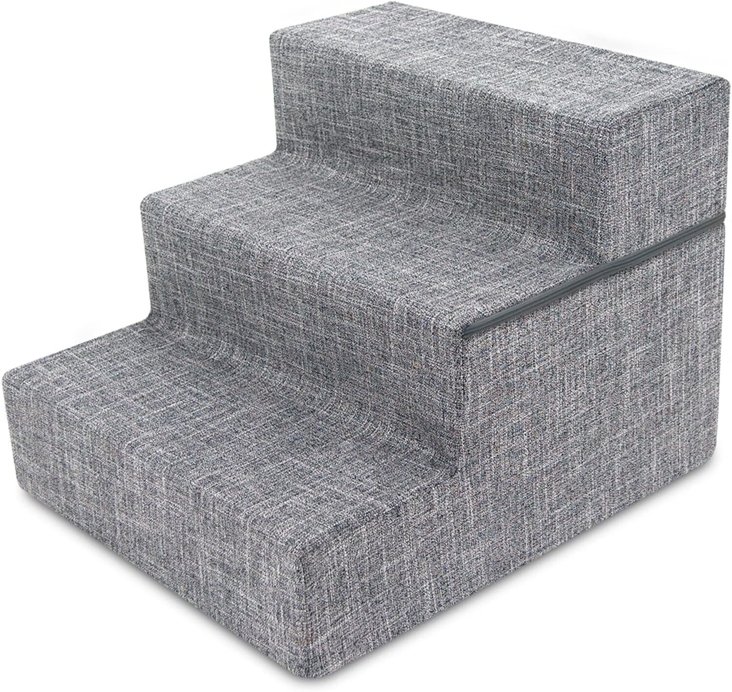 Elegant Non-Slip 3-Step Foam Pet Ladder for Small Dogs and Cats - Gray Linen