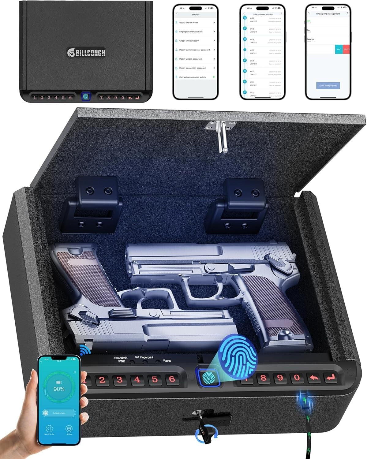 Durable Carbon Steel Gun Safe - Biometric, USB Charge, LED - 10.82"x8.66"x2.75"