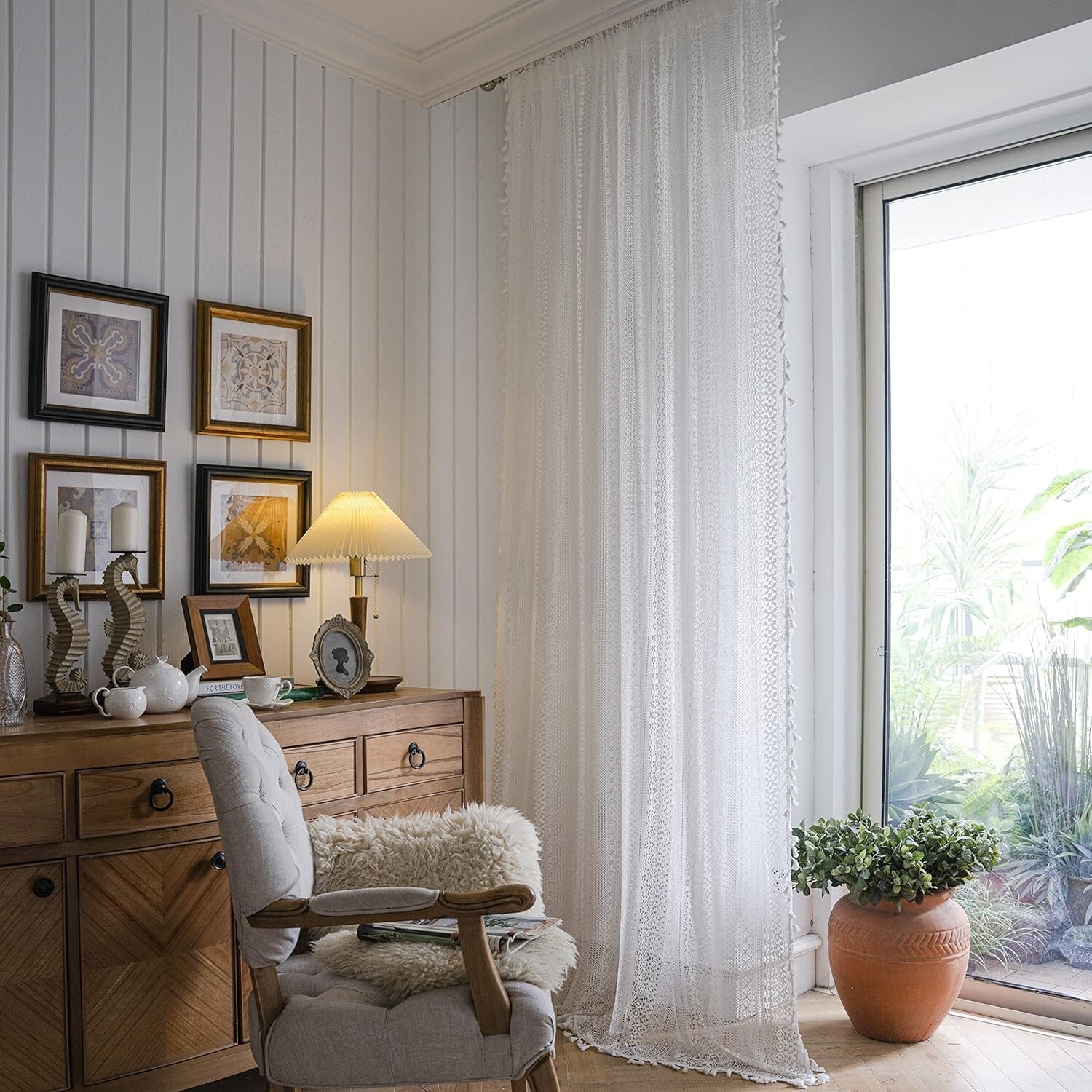 84 Inch Victorian Cotton Lace Curtains - Semi-Sheer Antique Drapes Set of 2