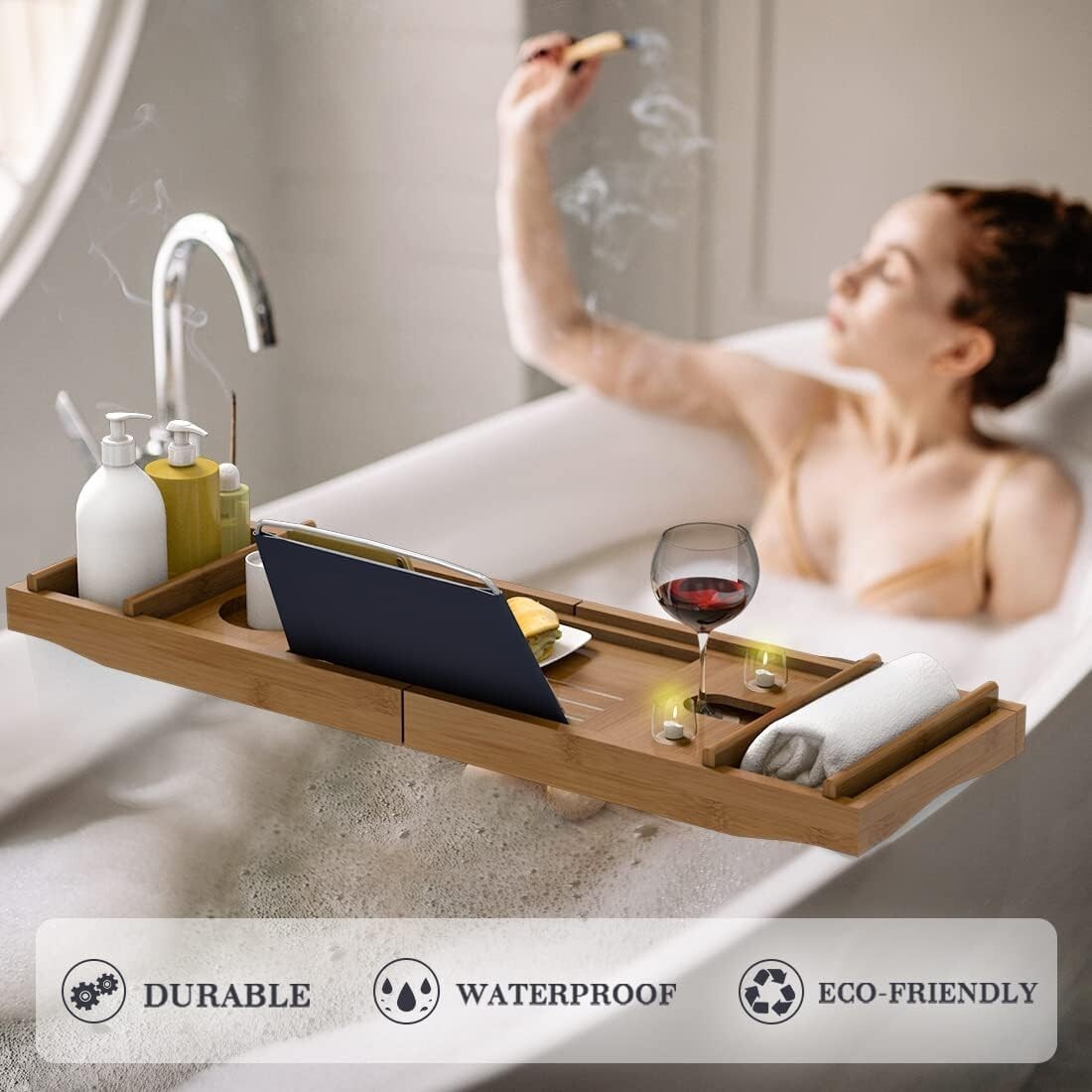 Elegant Adjustable Bamboo Bathtub Tray - Perfect for Spa and Relaxation
