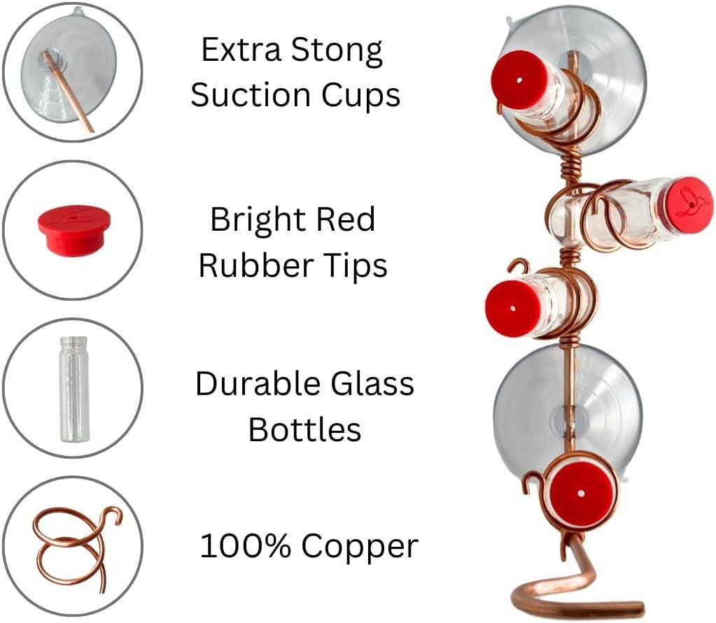 Handcrafted Copper Window Hummingbird Feeder with 4 Stations & Easy-Fill Bottles