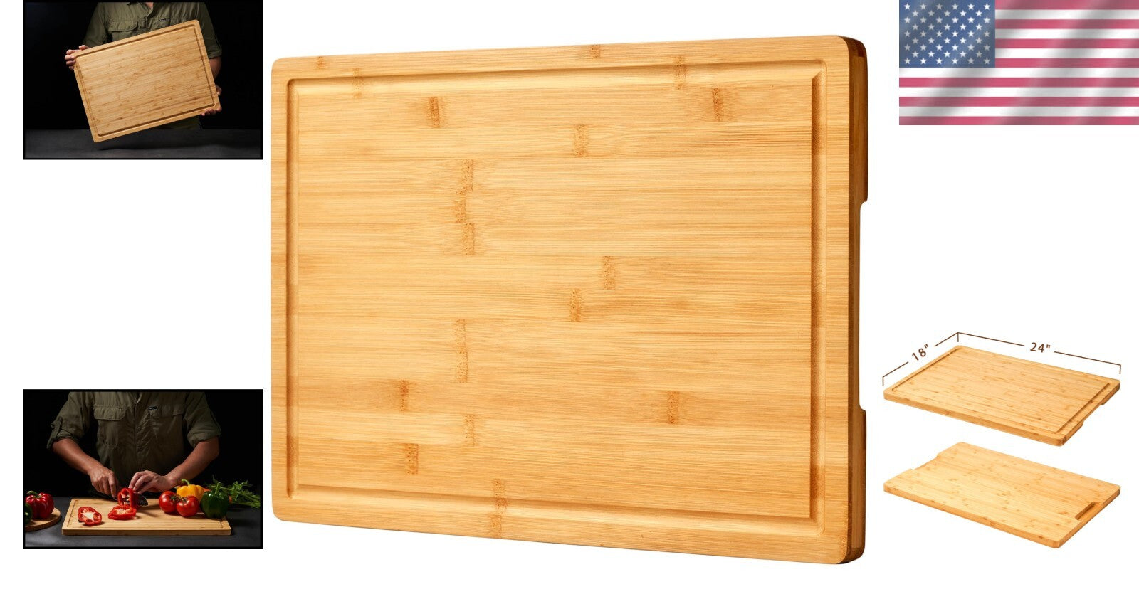 Durable 24x18" Bamboo Cutting Board with Handles & Juice Grooves for Easy Prep