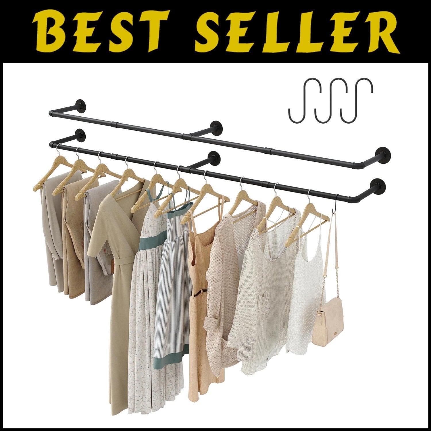 Portable 72''L Iron Clothes Rack with Hooks – Ideal for Laundry and Retail