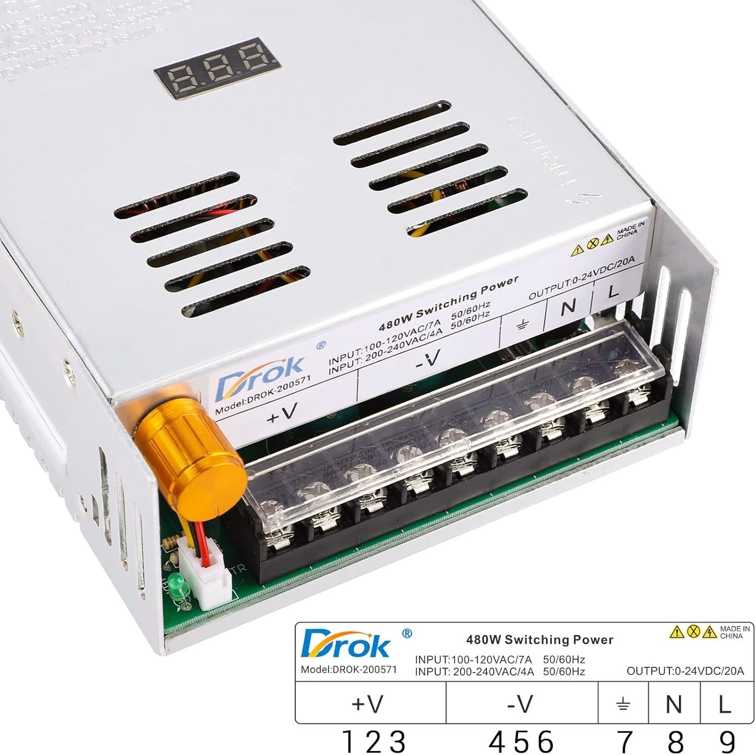 Adjustable 24V Power Supply - AC 110V/220V to DC 0-24V, 20A with LED Display