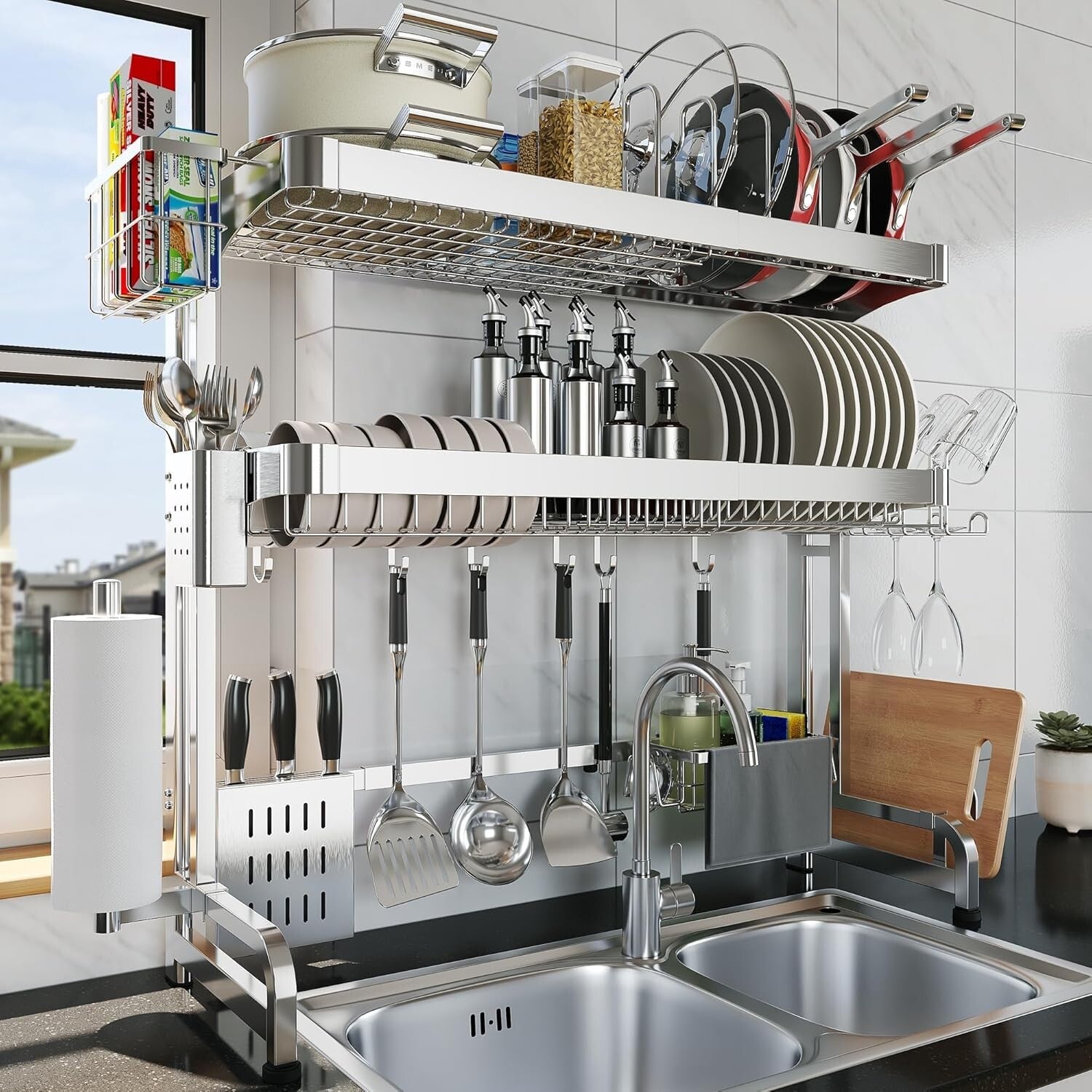 3-Tier Adjustable Over Sink Dish Drying Rack - Full Stainless Steel Storage