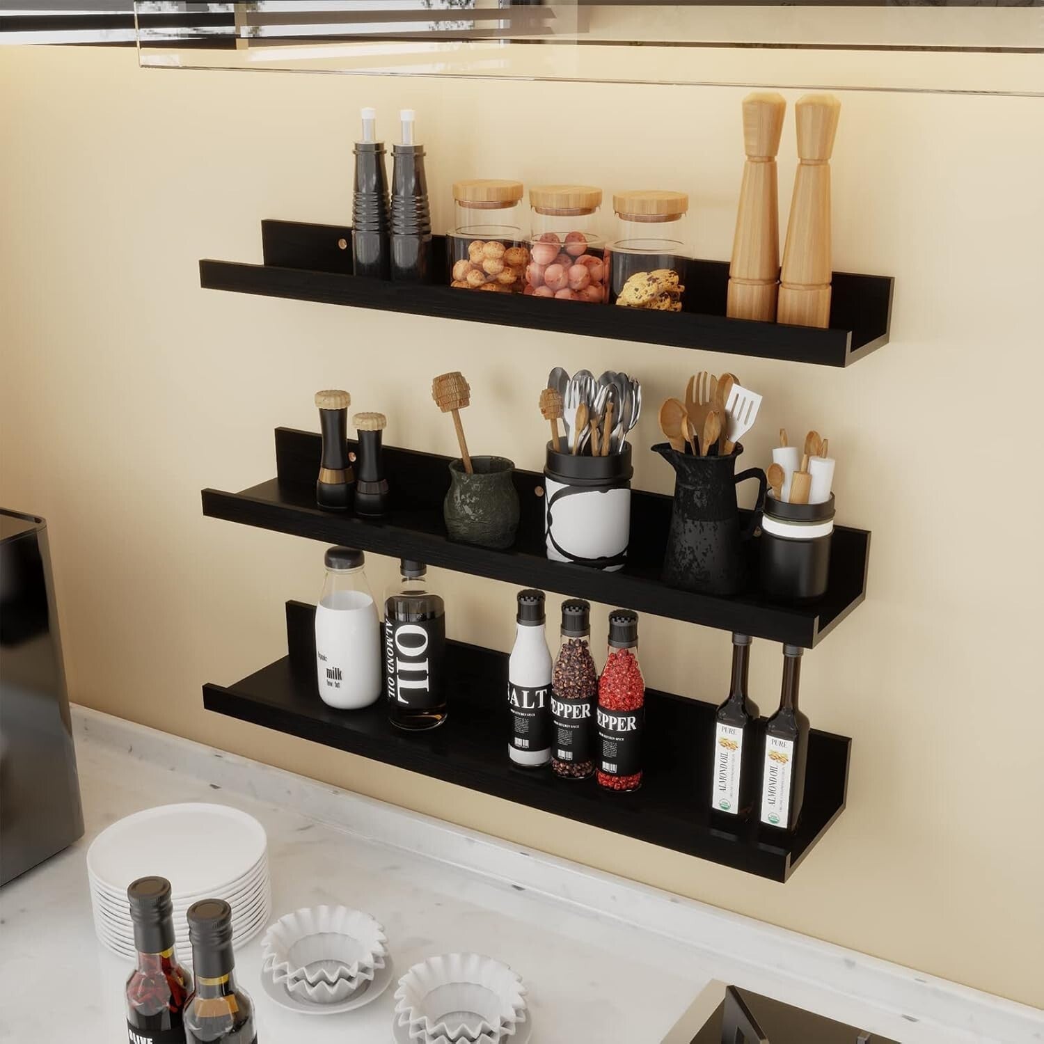 Elegant Black Floating Shelf Set with U-Shape Ledge - 24 Inch Wall Storage