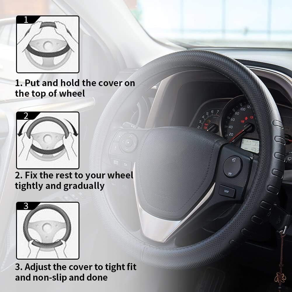 15.5-Inch Black Leather Steering Wheel Cover – Protect & Enhance Driving Comfort