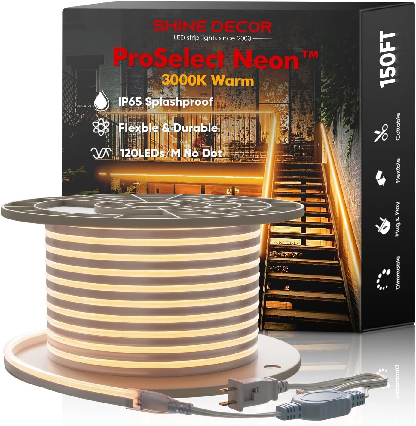 ETL-Listed 150FT LED Neon Rope Lights - 3000K Warm White, Waterproof & Flexible