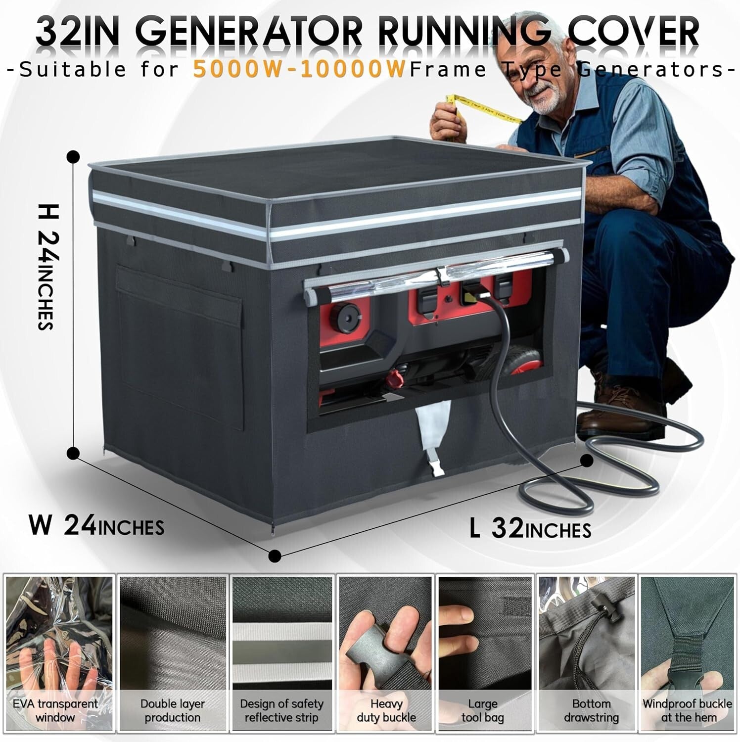 Professional Running Generator Cover with Tool Pockets - 32X24X24 Waterproof